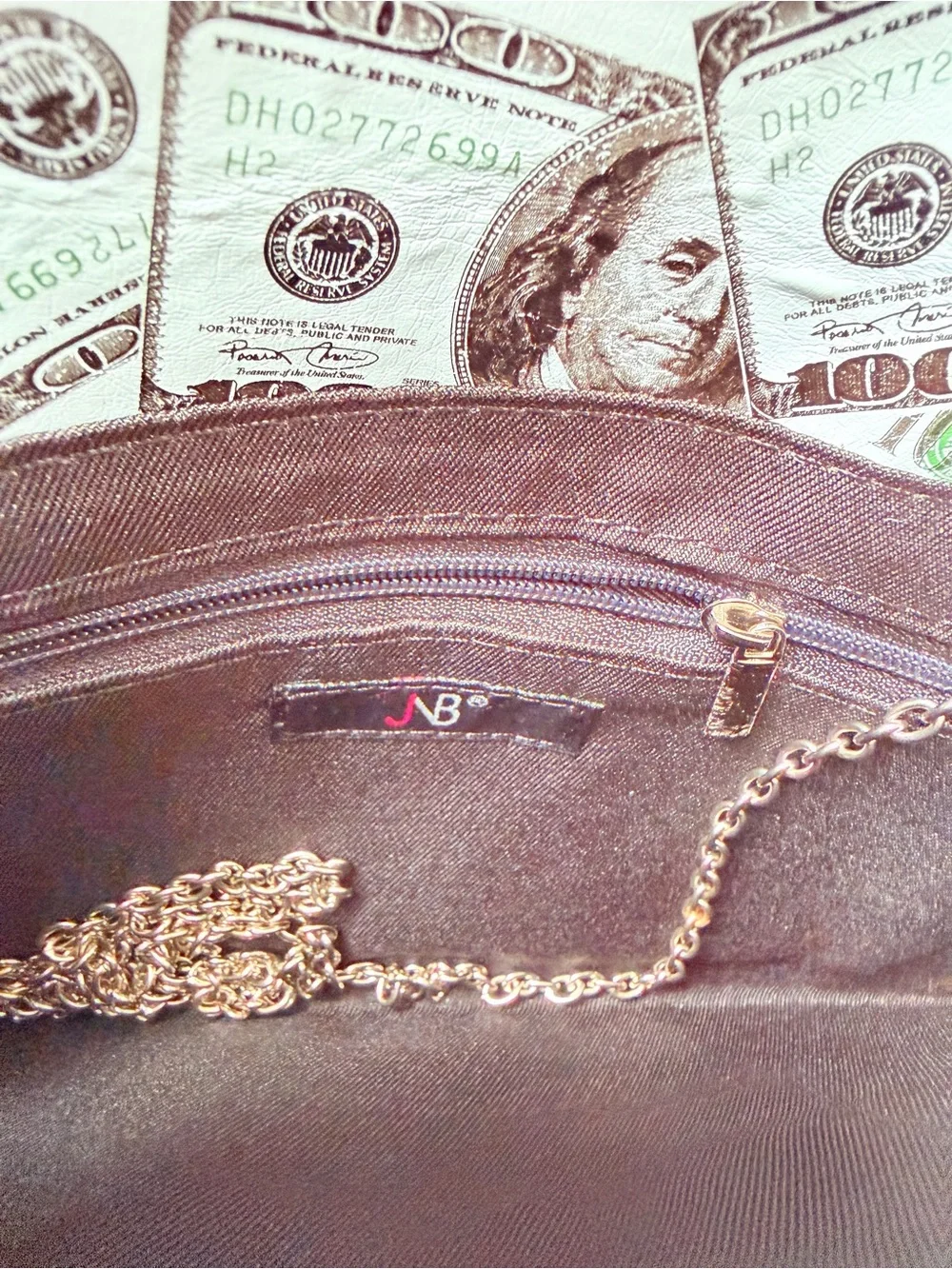 JNB Money Envelope Clutch Crossbody Bag silver Chain convertible cash bill nWOT
